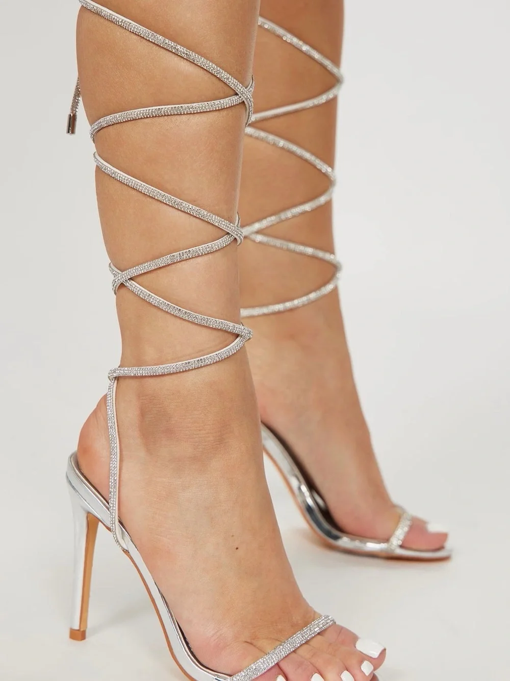 Fashion Nova Rhinestone Lace-Up Gladiator Heels - Silver